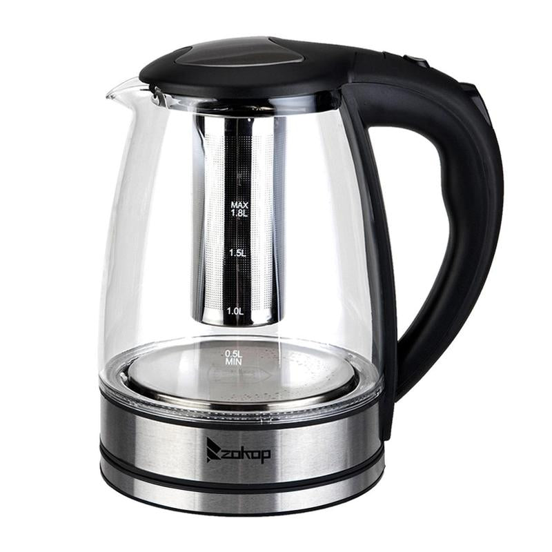 ZOKOP 1800W/1.8L Electric Glass Kettle US Plug, LED Light, Auto 5 Minutes Shut-Off, Boil Dry, Overheat Protection, Bpa-Free, for Coffee, Tea, Soup, and More