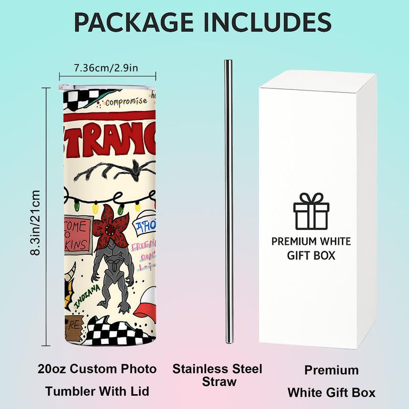 1 Pc 20Oz Skinny Vacuum Cup, Tumbler, Retro 80S Sci Fi Doodle Collage, Cassette Tape, Monster Art, Double Wall Steel, Leak Proof Lid, Keeps Hot 12 Hours, Cold 24 Hours, for Hot Cold Drinks, Movie Fan Gift, New Year, Easter, Carnival, Gift for Friends