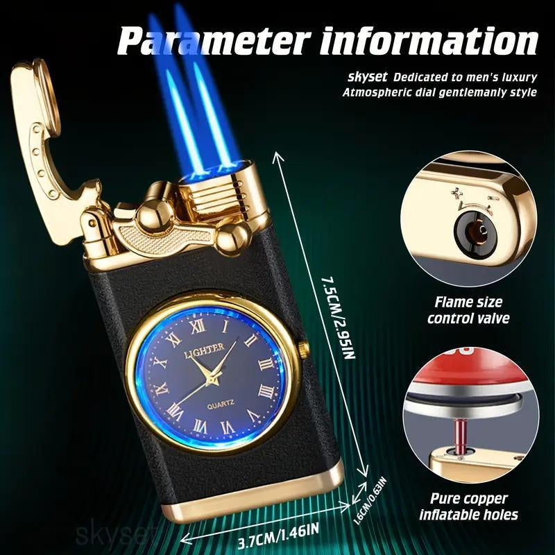 Windproof Dual Flame Lighter(Butane Not Included) with Vintage Analog Clock Face & Black Retro Design - Adjustable Blue Flame, Windproof & High Quality, Ergonomic Grip, Refillable Butane Lighter for Camping, Hiking, Gifts for Men, Boyfriends, Fathers