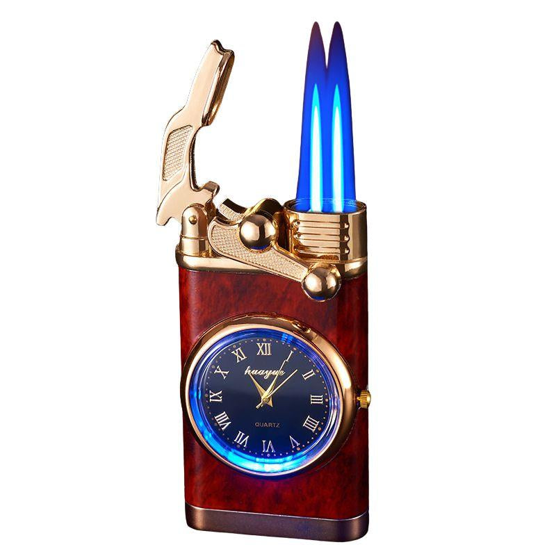 Windproof Dual Flame Lighter(Butane Not Included) with Vintage Analog Clock Face & Black Retro Design - Adjustable Blue Flame, Windproof & High Quality, Ergonomic Grip, Refillable Butane Lighter for Camping, Hiking, Gifts for Men, Boyfriends, Fathers