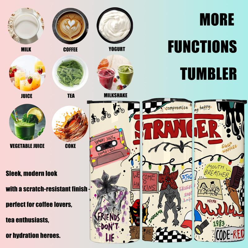 1 Pc 20Oz Skinny Vacuum Cup, Tumbler, Retro 80S Sci Fi Doodle Collage, Cassette Tape, Monster Art, Double Wall Steel, Leak Proof Lid, Keeps Hot 12 Hours, Cold 24 Hours, for Hot Cold Drinks, Movie Fan Gift, New Year, Easter, Carnival, Gift for Friends