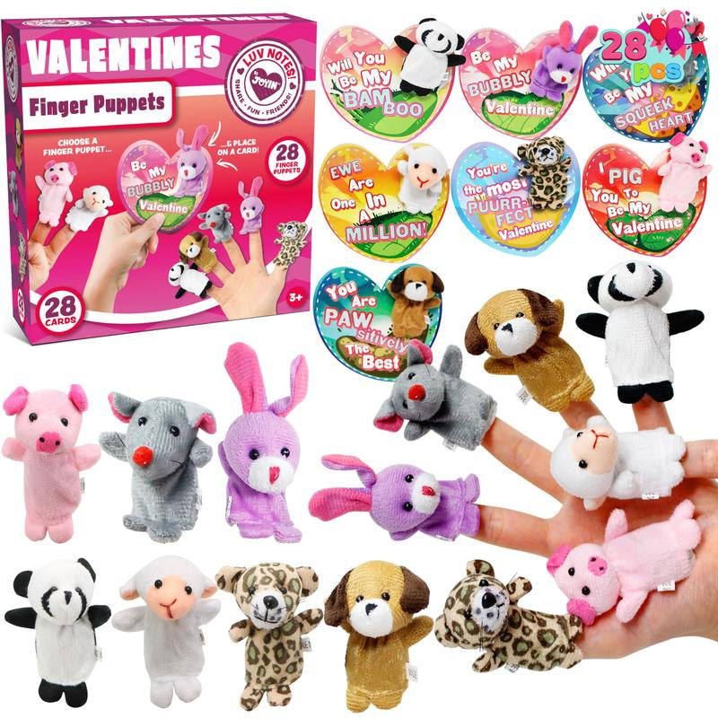 JOYIN 28 Packs Valentines Day Animal Finger Puppet Set with 7 Card Designs for Kids Party Favor Classroom Exchange Prizes Stressrelief Hand Puppets Holiday Reward Prizesnew Year'S Gift