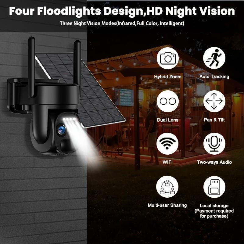 Solar Security Cameras Wireless Outdoor, 4K 2.4Ghz Wifi PTZ Camera Battery Powered, 360°View Home Security Systems with Color Night Vision, Spotlight Siren, PIR Sensor, Auto Tracking, Human Detection, 2-Way Audio, Security Surveillance Full Hd Smart