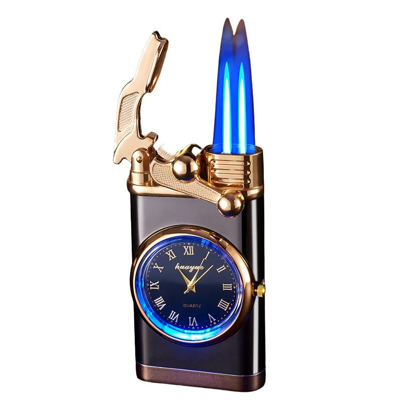 Windproof Dual Flame Lighter(Butane Not Included) with Vintage Analog Clock Face & Black Retro Design - Adjustable Blue Flame, Windproof & High Quality, Ergonomic Grip, Refillable Butane Lighter for Camping, Hiking, Gifts for Men, Boyfriends, Fathers