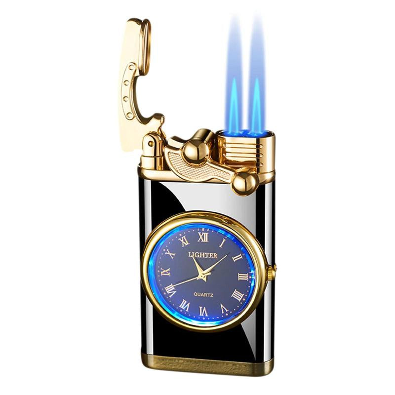 Windproof Dual Flame Lighter(Butane Not Included) with Vintage Analog Clock Face & Black Retro Design - Adjustable Blue Flame, Windproof & High Quality, Ergonomic Grip, Refillable Butane Lighter for Camping, Hiking, Gifts for Men, Boyfriends, Fathers