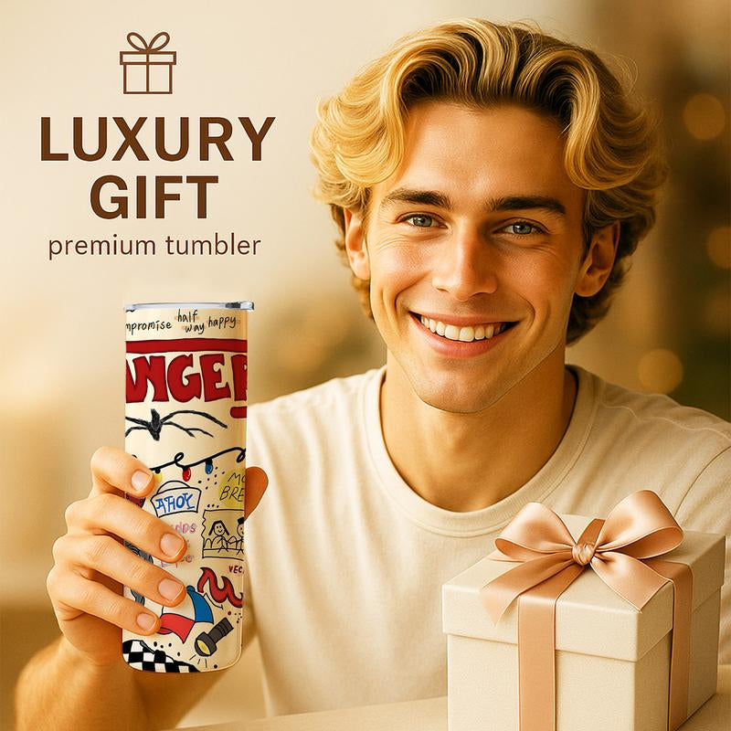 1 Pc 20Oz Skinny Vacuum Cup, Tumbler, Retro 80S Sci Fi Doodle Collage, Cassette Tape, Monster Art, Double Wall Steel, Leak Proof Lid, Keeps Hot 12 Hours, Cold 24 Hours, for Hot Cold Drinks, Movie Fan Gift, New Year, Easter, Carnival, Gift for Friends