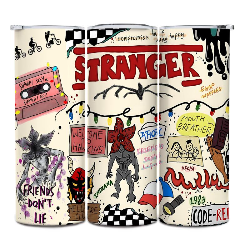 1 Pc 20Oz Skinny Vacuum Cup, Tumbler, Retro 80S Sci Fi Doodle Collage, Cassette Tape, Monster Art, Double Wall Steel, Leak Proof Lid, Keeps Hot 12 Hours, Cold 24 Hours, for Hot Cold Drinks, Movie Fan Gift, New Year, Easter, Carnival, Gift for Friends