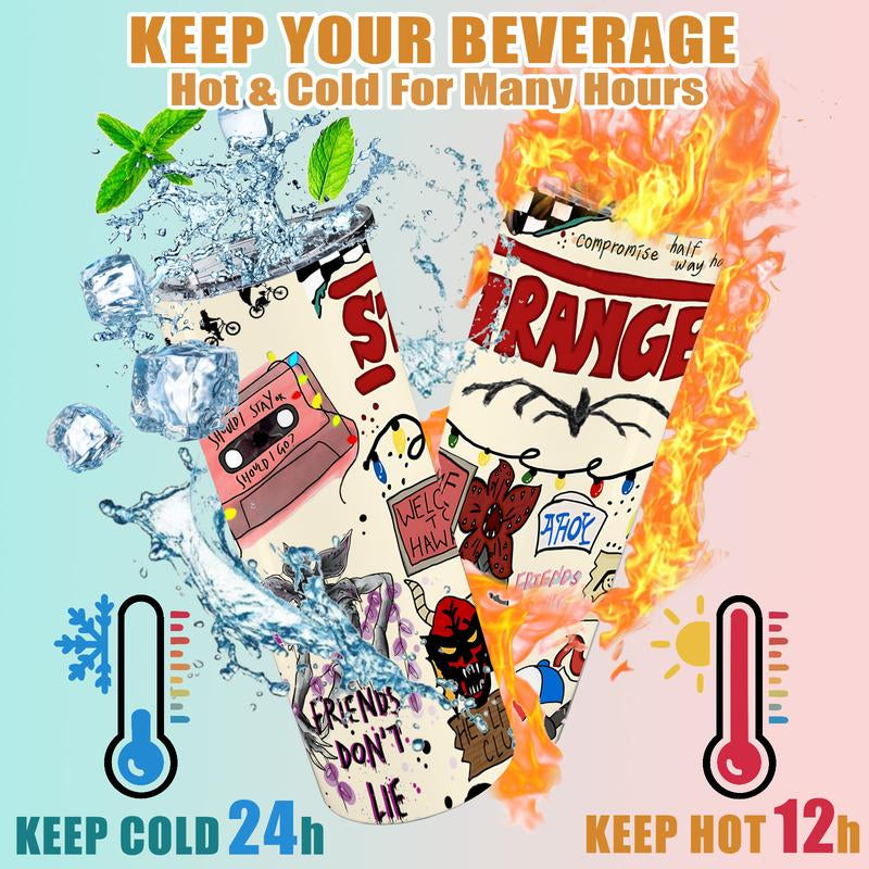 1 Pc 20Oz Skinny Vacuum Cup, Tumbler, Retro 80S Sci Fi Doodle Collage, Cassette Tape, Monster Art, Double Wall Steel, Leak Proof Lid, Keeps Hot 12 Hours, Cold 24 Hours, for Hot Cold Drinks, Movie Fan Gift, New Year, Easter, Carnival, Gift for Friends