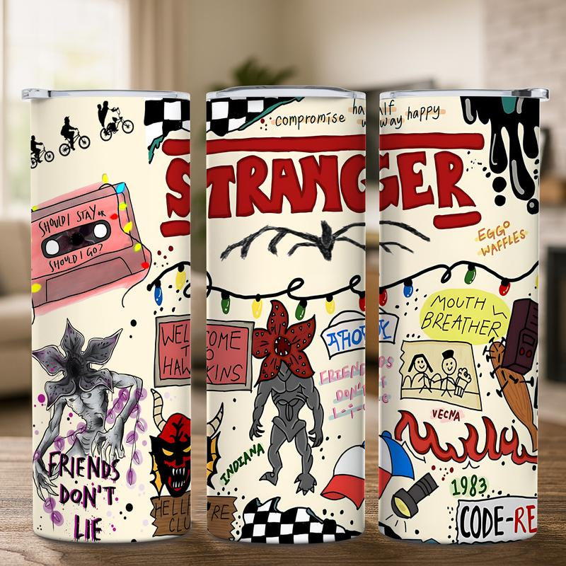 1 Pc 20Oz Skinny Vacuum Cup, Tumbler, Retro 80S Sci Fi Doodle Collage, Cassette Tape, Monster Art, Double Wall Steel, Leak Proof Lid, Keeps Hot 12 Hours, Cold 24 Hours, for Hot Cold Drinks, Movie Fan Gift, New Year, Easter, Carnival, Gift for Friends