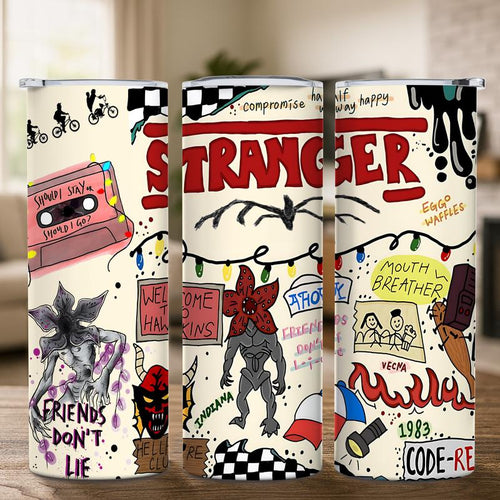 1 Pc 20Oz Skinny Vacuum Cup, Tumbler, Retro 80S Sci Fi Doodle Collage, Cassette Tape, Monster Art, Double Wall Steel, Leak Proof Lid, Keeps Hot 12 Hours, Cold 24 Hours, for Hot Cold Drinks, Movie Fan Gift, New Year, Easter, Carnival, Gift for Friends