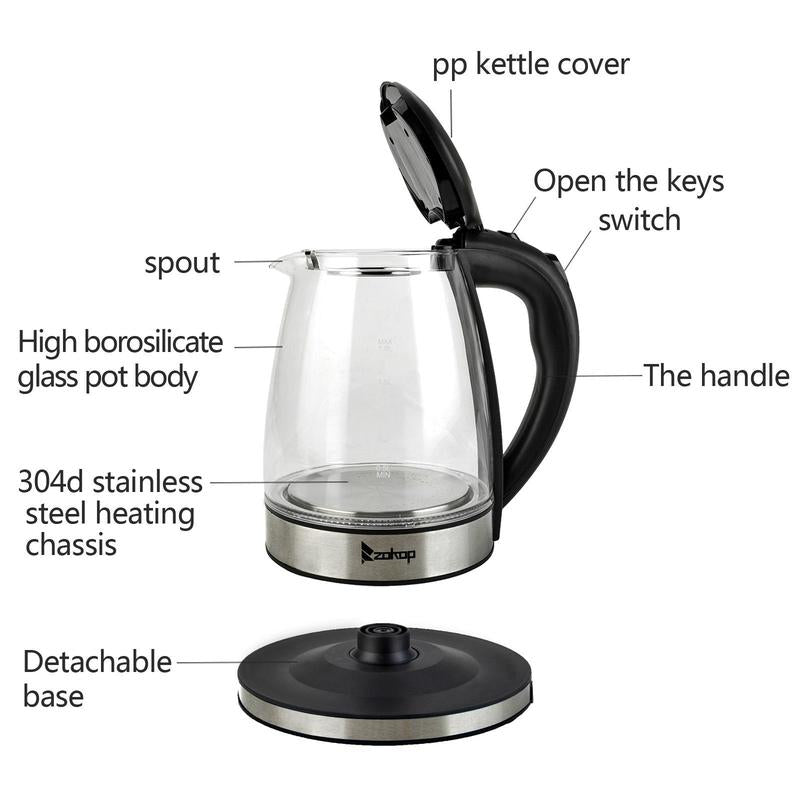 ZOKOP 1800W/1.8L Electric Glass Kettle US Plug, LED Light, Auto 5 Minutes Shut-Off, Boil Dry, Overheat Protection, Bpa-Free, for Coffee, Tea, Soup, and More