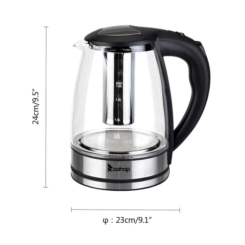 ZOKOP 1800W/1.8L Electric Glass Kettle US Plug, LED Light, Auto 5 Minutes Shut-Off, Boil Dry, Overheat Protection, Bpa-Free, for Coffee, Tea, Soup, and More