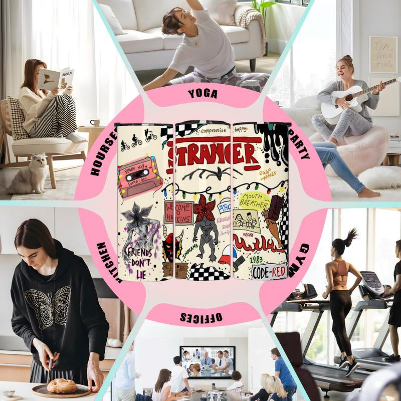 1 Pc 20Oz Skinny Vacuum Cup, Tumbler, Retro 80S Sci Fi Doodle Collage, Cassette Tape, Monster Art, Double Wall Steel, Leak Proof Lid, Keeps Hot 12 Hours, Cold 24 Hours, for Hot Cold Drinks, Movie Fan Gift, New Year, Easter, Carnival, Gift for Friends