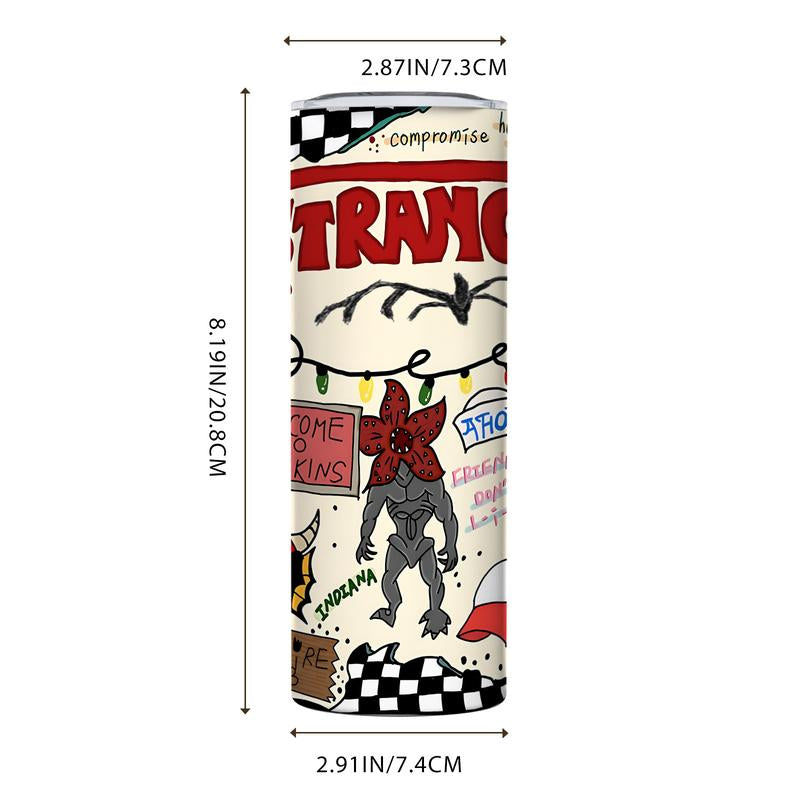 1 Pc 20Oz Skinny Vacuum Cup, Tumbler, Retro 80S Sci Fi Doodle Collage, Cassette Tape, Monster Art, Double Wall Steel, Leak Proof Lid, Keeps Hot 12 Hours, Cold 24 Hours, for Hot Cold Drinks, Movie Fan Gift, New Year, Easter, Carnival, Gift for Friends