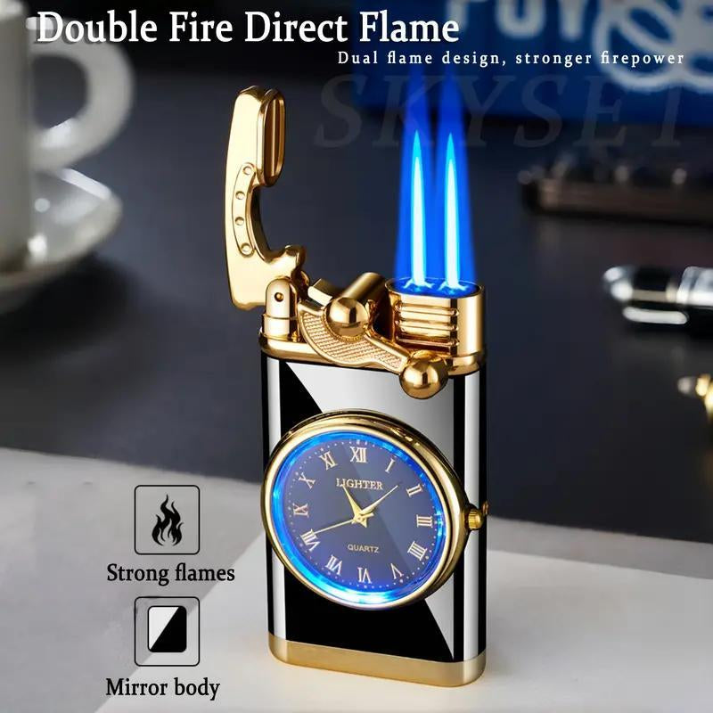 Windproof Dual Flame Lighter(Butane Not Included) with Vintage Analog Clock Face & Black Retro Design - Adjustable Blue Flame, Windproof & High Quality, Ergonomic Grip, Refillable Butane Lighter for Camping, Hiking, Gifts for Men, Boyfriends, Fathers