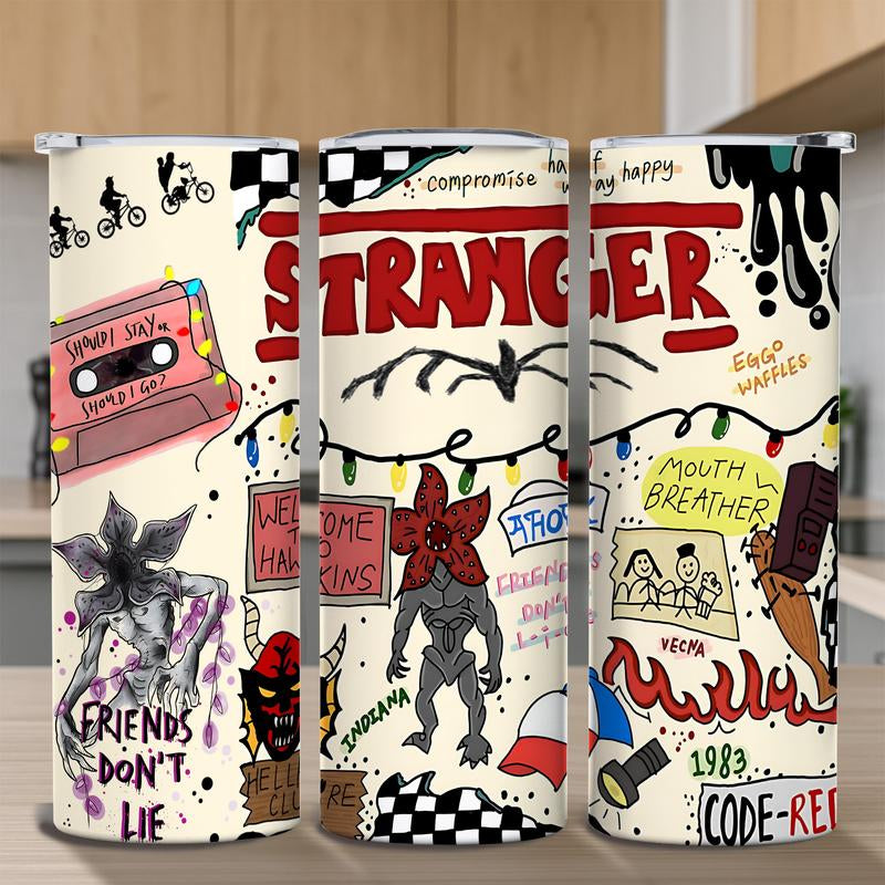 1 Pc 20Oz Skinny Vacuum Cup, Tumbler, Retro 80S Sci Fi Doodle Collage, Cassette Tape, Monster Art, Double Wall Steel, Leak Proof Lid, Keeps Hot 12 Hours, Cold 24 Hours, for Hot Cold Drinks, Movie Fan Gift, New Year, Easter, Carnival, Gift for Friends