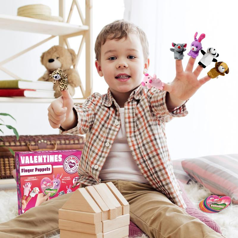 JOYIN 28 Packs Valentines Day Animal Finger Puppet Set with 7 Card Designs for Kids Party Favor Classroom Exchange Prizes Stressrelief Hand Puppets Holiday Reward Prizesnew Year'S Gift